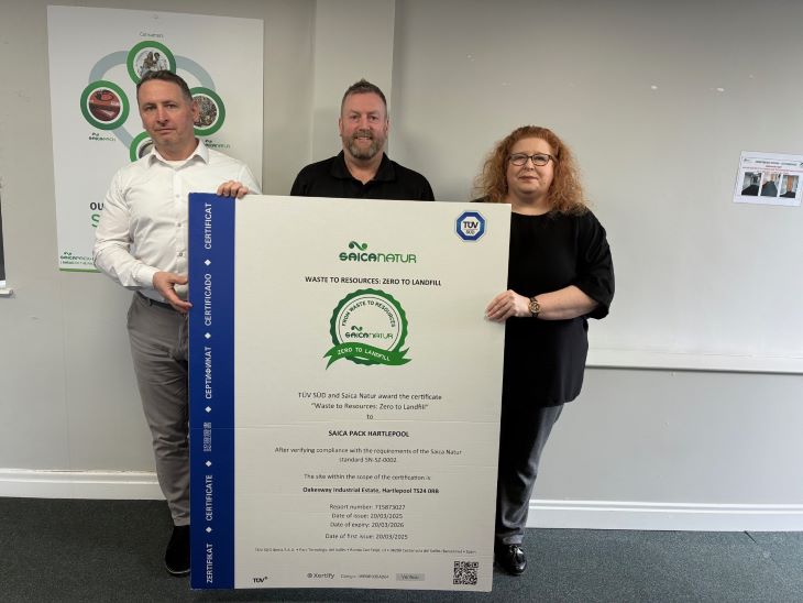 Riccardo Tonelli, Director for Saica Pack North Est (left), Simon McLeod, HSE Manager at Saica Pack Hartlepool, and Colesia Pryse, National Account Manager at Saica Natur.