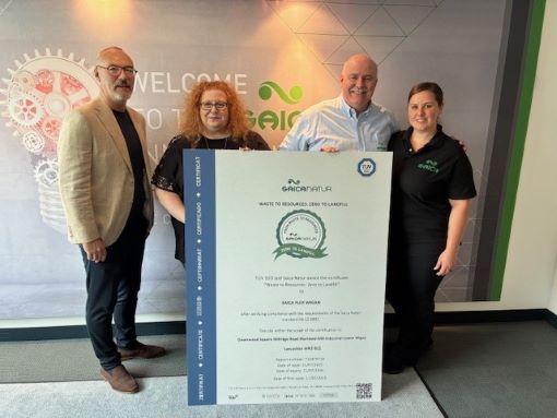 From left to right: Neil Watson (Process Manager), Colesia Pryse (Account Manager, Saica Natur, Andy Salisbury (General Manager, Saica Flex Wigan) and El-my Wilds (QHSE Manager)